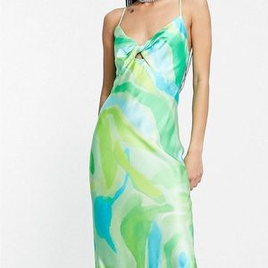 NWT Bershka Twist Front Detail Satin Midi Dress in Multi Color Graphic Print